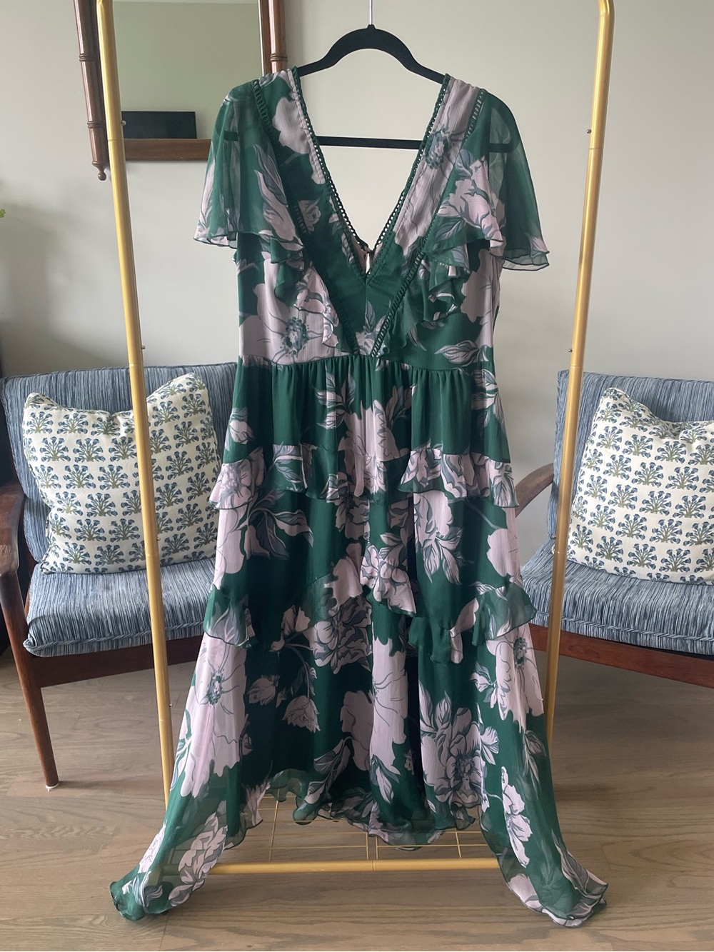 ASOS Green and light Purple Floral High-Low Ruffle Dress